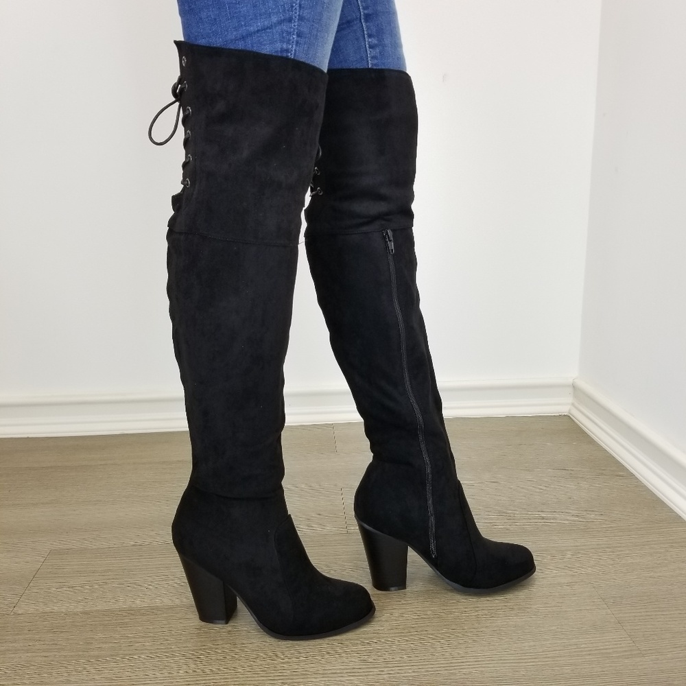 Suede Over the knee heel Boots with lace up back - Picture 2 of 8